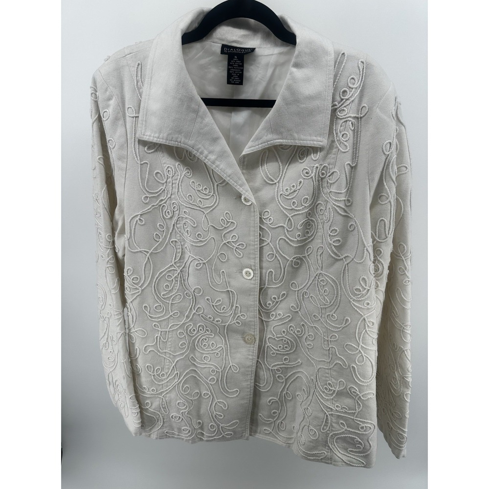 Vintage Dialogue White Embroidered Linen Blazer Button Lined Jacket XL Womens